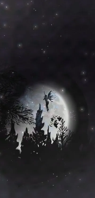 Fairy silhouette against a full moon in a starry night sky.