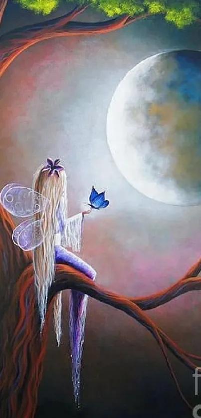 Fairy on branch under glowing moon with mystical ambiance.