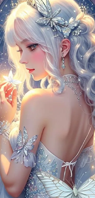 Elegant girl with butterflies in a night scene, magical and enchanting.