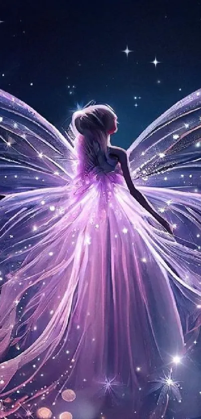 Ethereal fairy with glowing wings under a starry night sky.