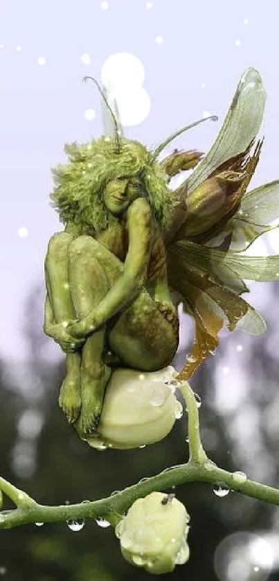 Green fairy perched on a delicate blossom in nature, surrounded by serene beauty.