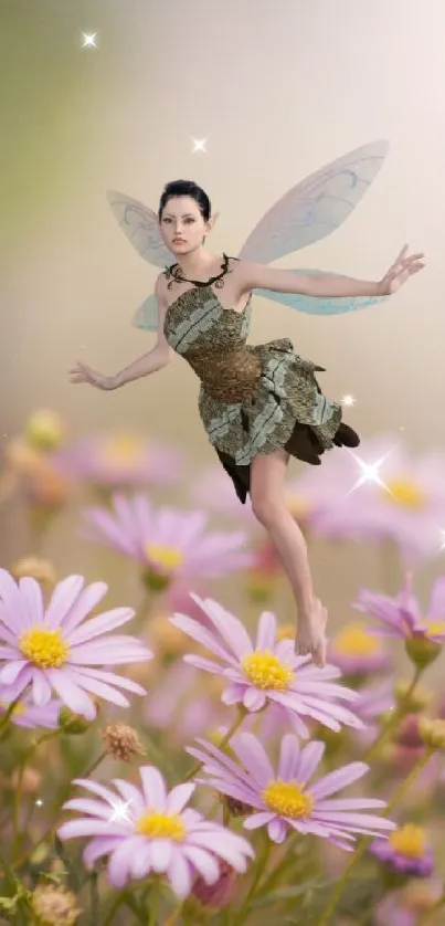 Fairy standing on purple and white daisies, surrounded by a magical ambience.