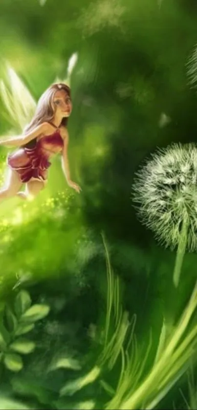 Fairy flying over green foliage and dandelions.