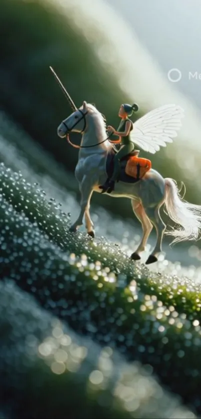 Fairy riding a white horse with wings through dewy grass.