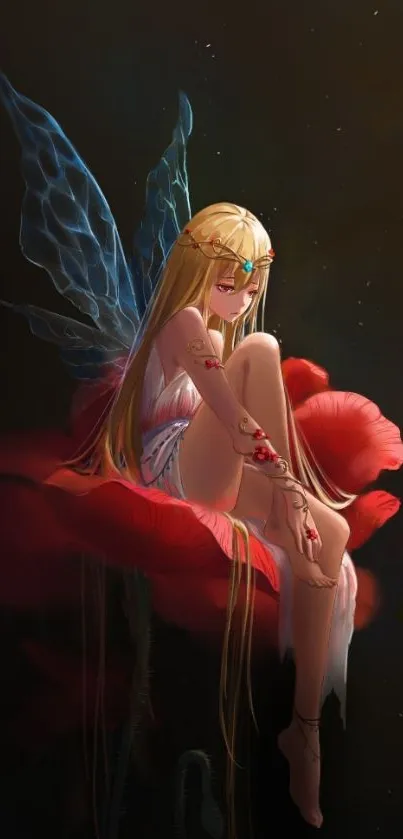 Fairy seated on a vivid red flower, luminous in dark setting.