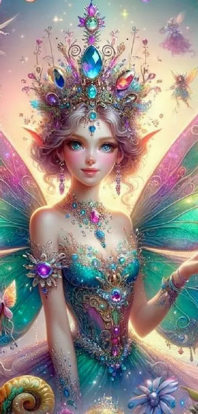 Colorful fairy princess with ornate wings and jewels in a fantasy setting.