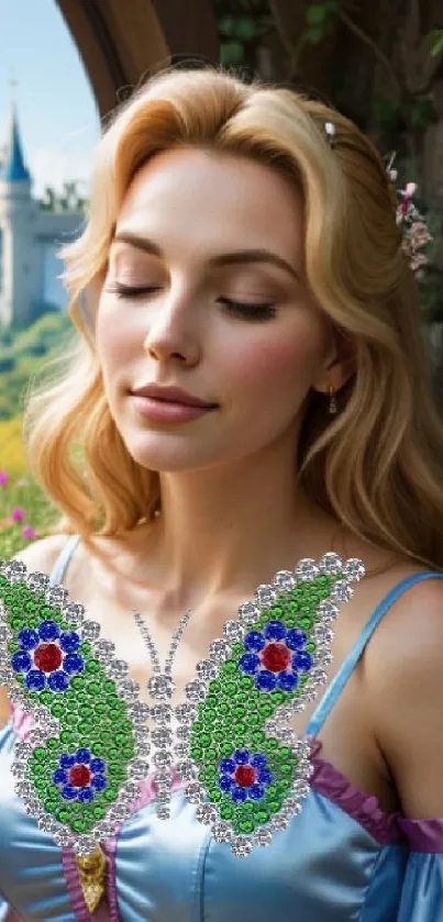 Fairy princess with jeweled butterfly in garden.