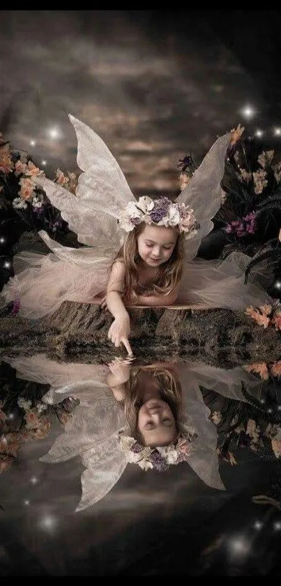 Fairy with floral crown touching water reflection.