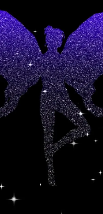 Mystical purple fairy silhouette on black wallpaper background.