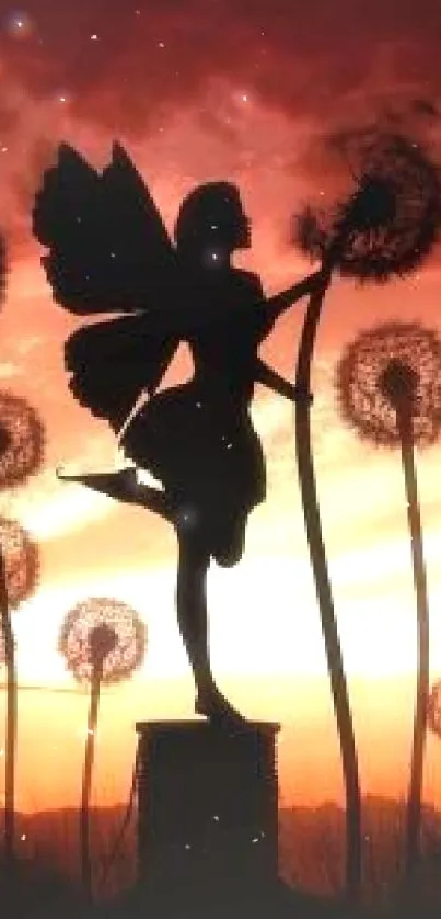 Fairy silhouette with dandelions at sunset.