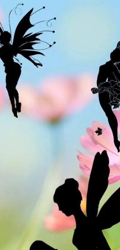 Whimsical fairy silhouettes with pink flowers and blue sky in the background.