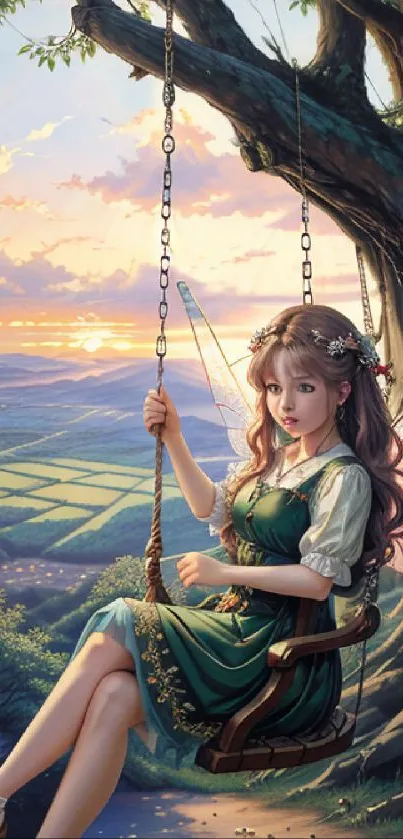 Enchanting fairy on swing wallpaper with sunset and serene landscape.