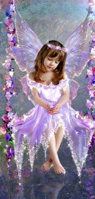 A fairy with wings on a floral swing in a mystical garden setting.