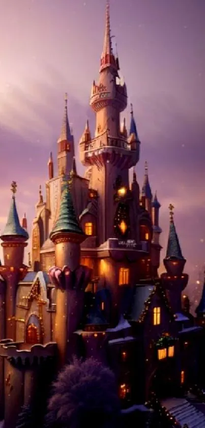 Magical fairy tale castle wallpaper with twilight hues and enchanting ambiance.