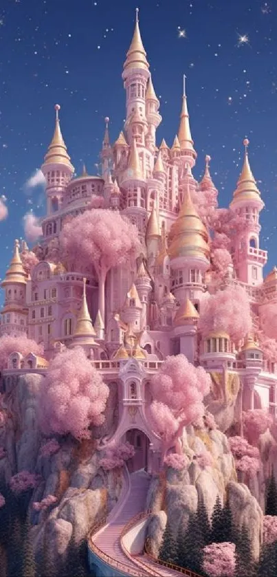 Fairy tale castle with pink clouds and a starry sky.