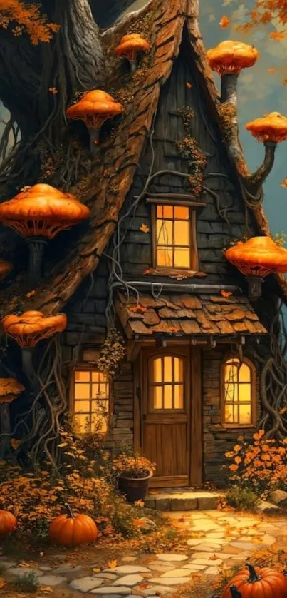 Fairy tale cottage with orange mushrooms.