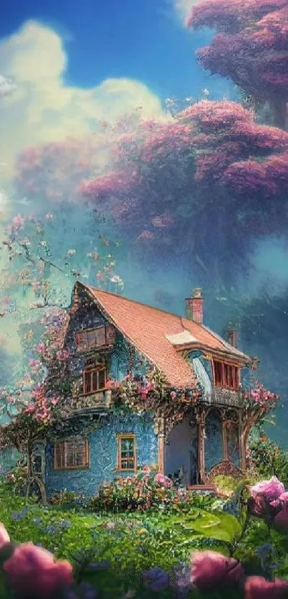 Fairy tale cottage wallpaper with pink roses and lush green backdrop.