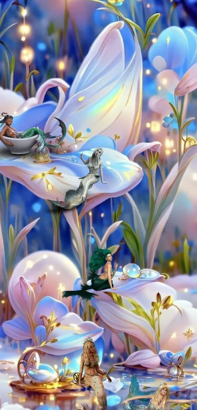 Fantasy scene with fairies and magical flora in lavender tones.