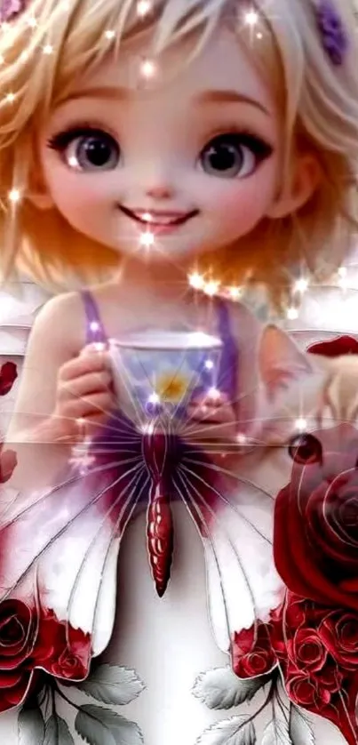 Whimsical girl and roses with butterfly motif.