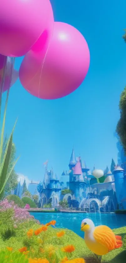 Enchanting fairy tale scene with pink balloons and a colorful landscape.