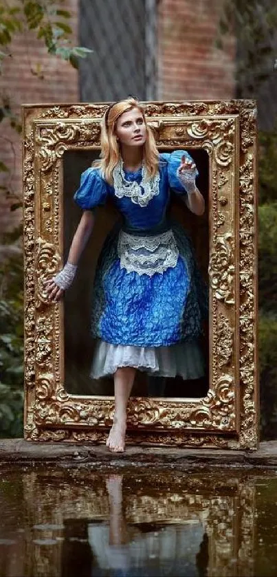 Girl in blue dress stepping through ornate frame in a woodland setting.