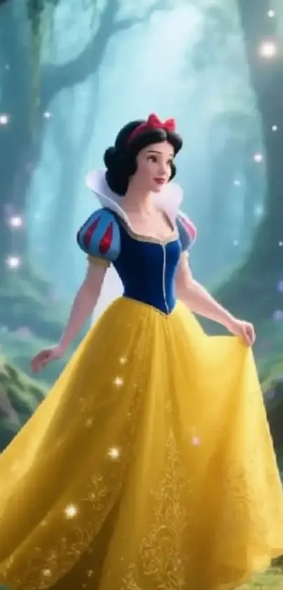 Princess in a magical forest with sparkling lights.