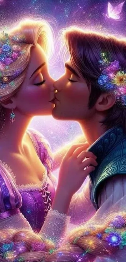 Enchanting fairy tale couple kissing with vibrant colors and floral elements.