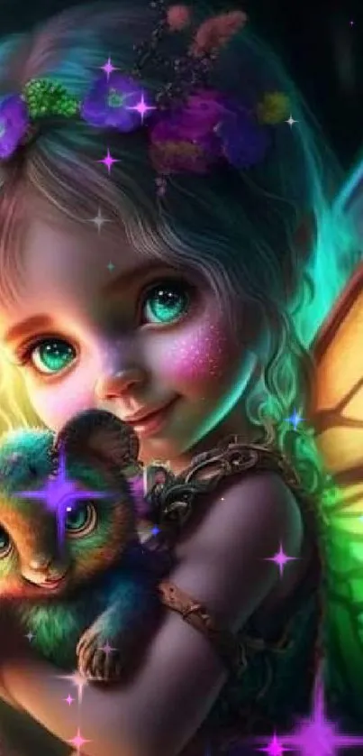 A fairy child with wings, holding a small creature in a magical forest.