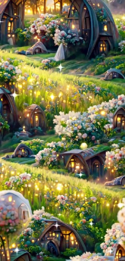 Enchanting fairy tale village with glowing cottages and flowers.