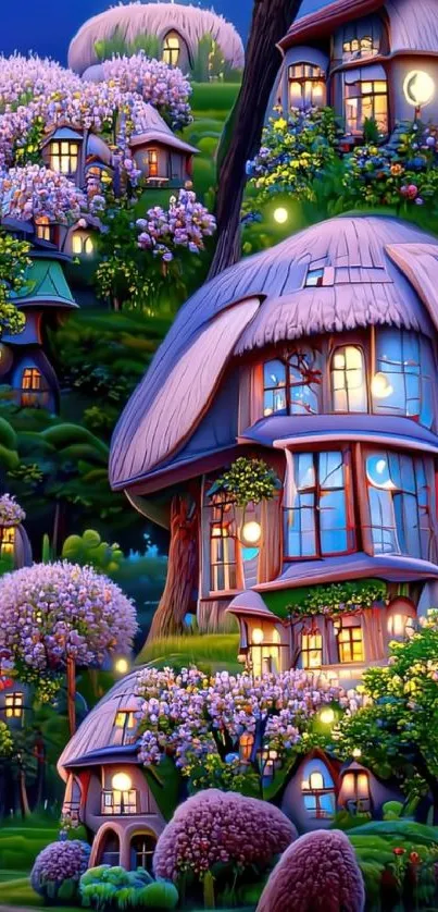 A magical fairy tale village lit up under a starry night sky with colorful blooms.