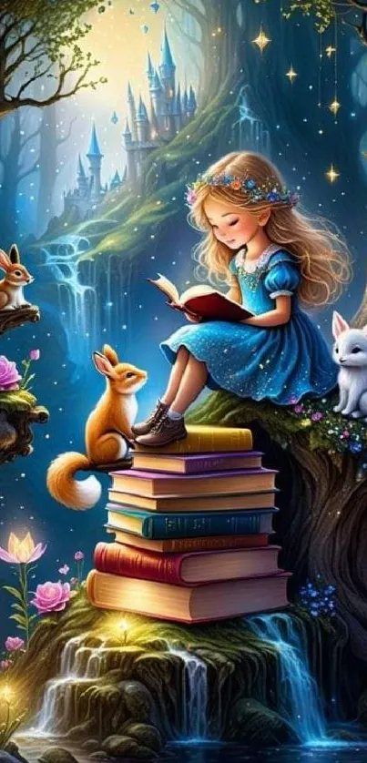 Girl reading in fantasy forest with animals.