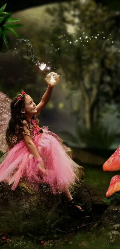 Fairy tale scene with girl, pink dress, and glowing mushrooms.