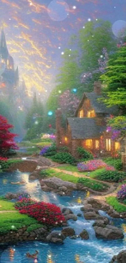 Enchanting fairy tale landscape with cottages, stream, and castle in background.