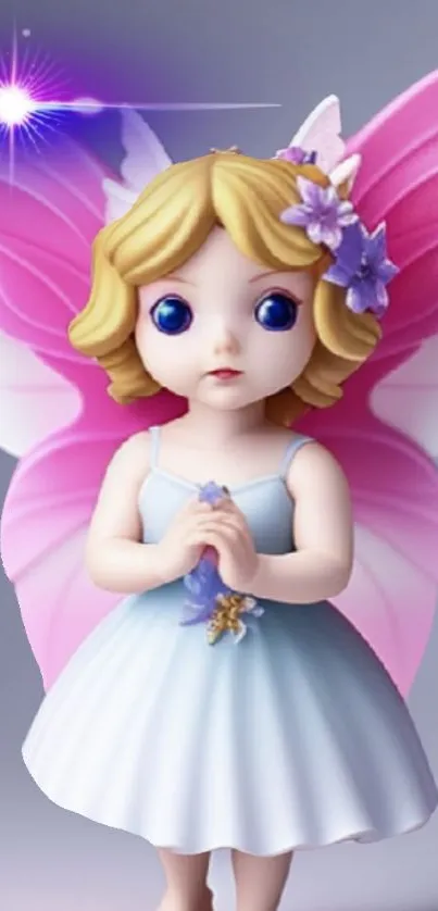 Cute fairy doll with pink wings and flowers in a magical setting.