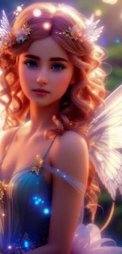 Fairy with wings surrounded by magical light in a lush setting.