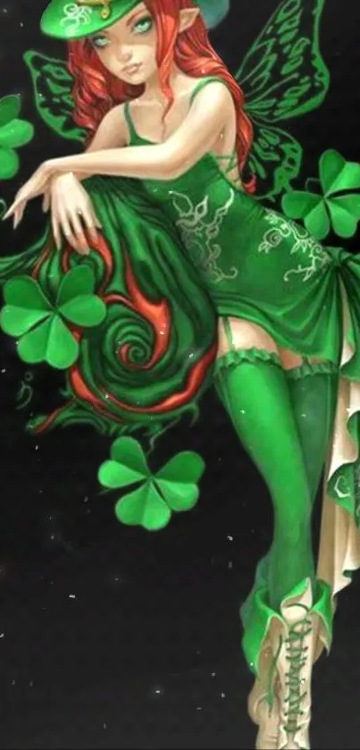 Enchanting fairy in green with clover background.