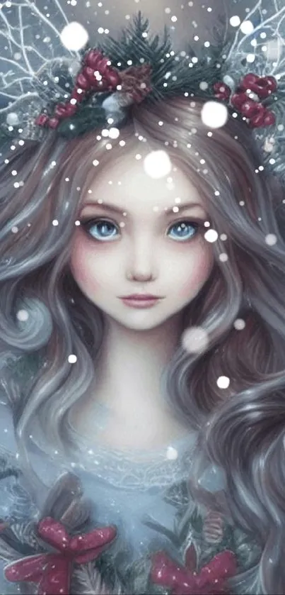 A fairy with delicate features in a dreamy winter landscape.