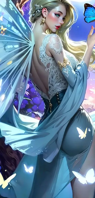 Fantasy fairy in blue with butterflies.