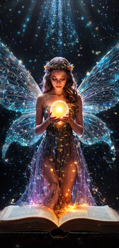 Mystical fairy holding a glowing orb above a book.