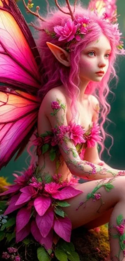 A fairy with pink wings and floral decorations sits in a mystical setting.