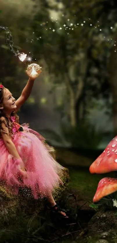 Fantasy fairy in pink dress with mushrooms in enchanted forest.