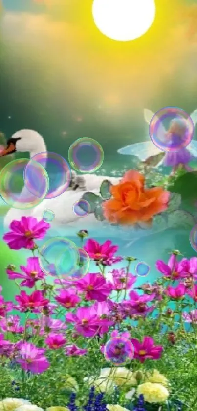 Enchanting fairyland wallpaper with swan and vibrant flowers.