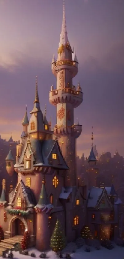 Magical twilight castle with snow-capped towers.