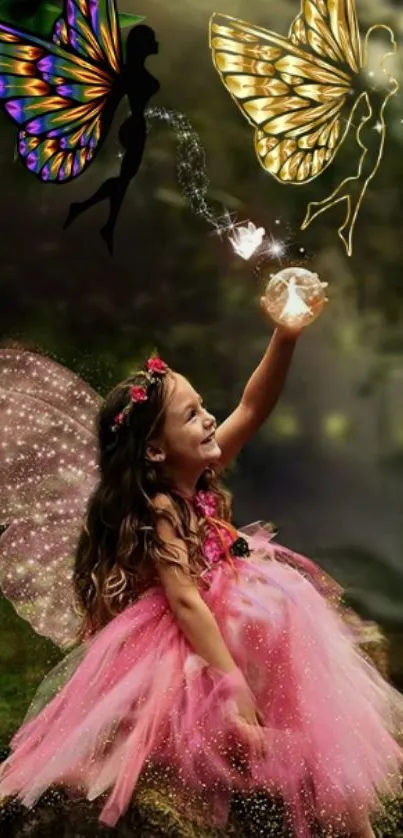 Young girl in pink dress with colorful fairies in a magical forest setting.