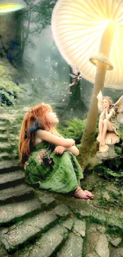 Fairies on stone stairs in a magical forest setting.
