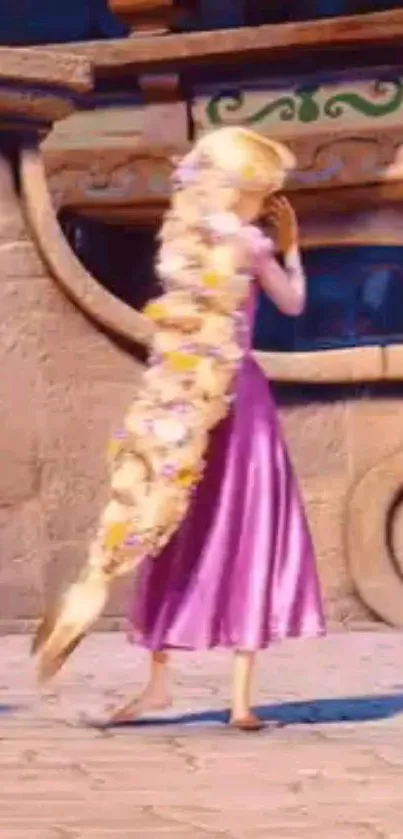 Fairytale princess with long hair and purple dress in medieval setting.