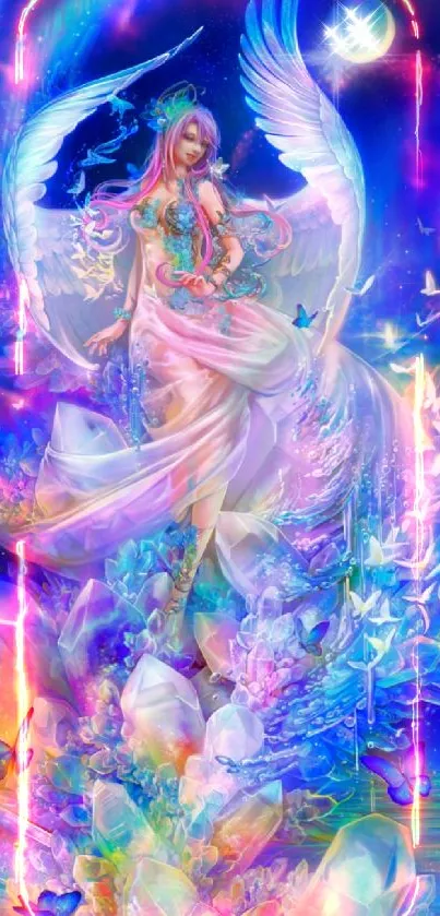 Ethereal angel surrounded by vibrant colors and crystals in a fantasy setting.