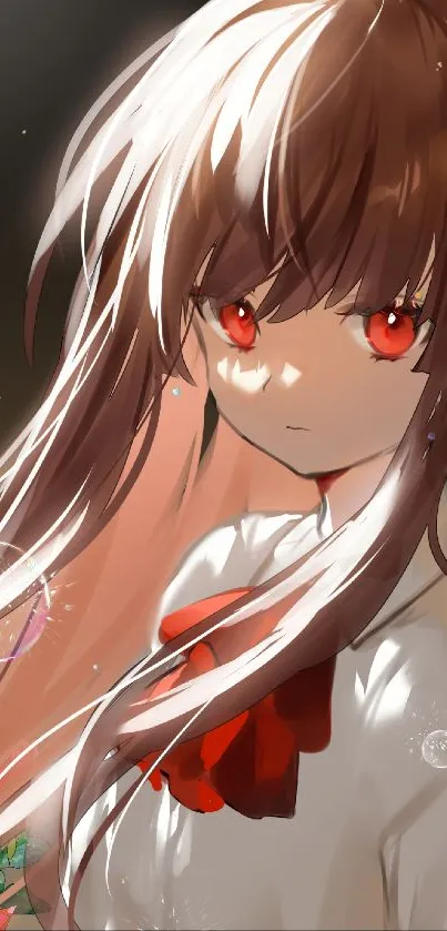 Anime girl with red eyes and flowing brown hair in fantasy setting.