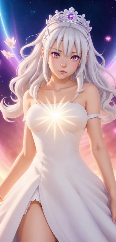 Anime character with glowing wings and white dress in a fantasy setting.