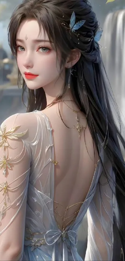 Fantasy art of a mystical woman with dark hair and a serene waterfall background.